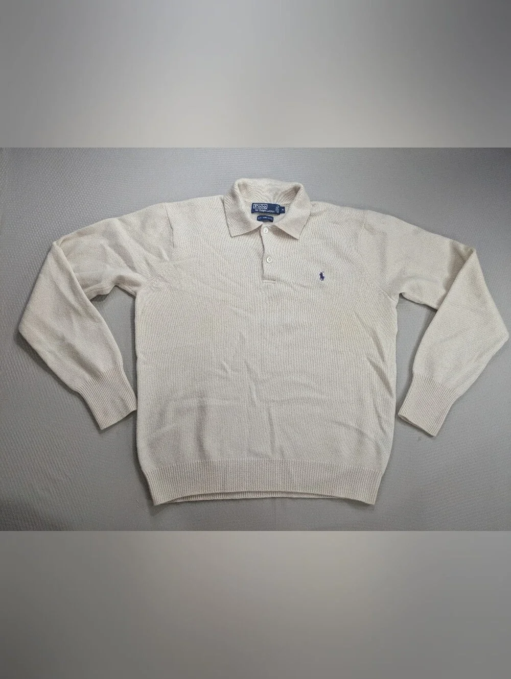 Vintage Polo Ralph Lauren 100% Lambswool  Collared Button Polo Sz M Cream Ivory